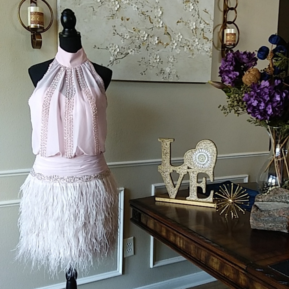 NWOT Pink Embellished & Feathers Details Halter Dress. Size L